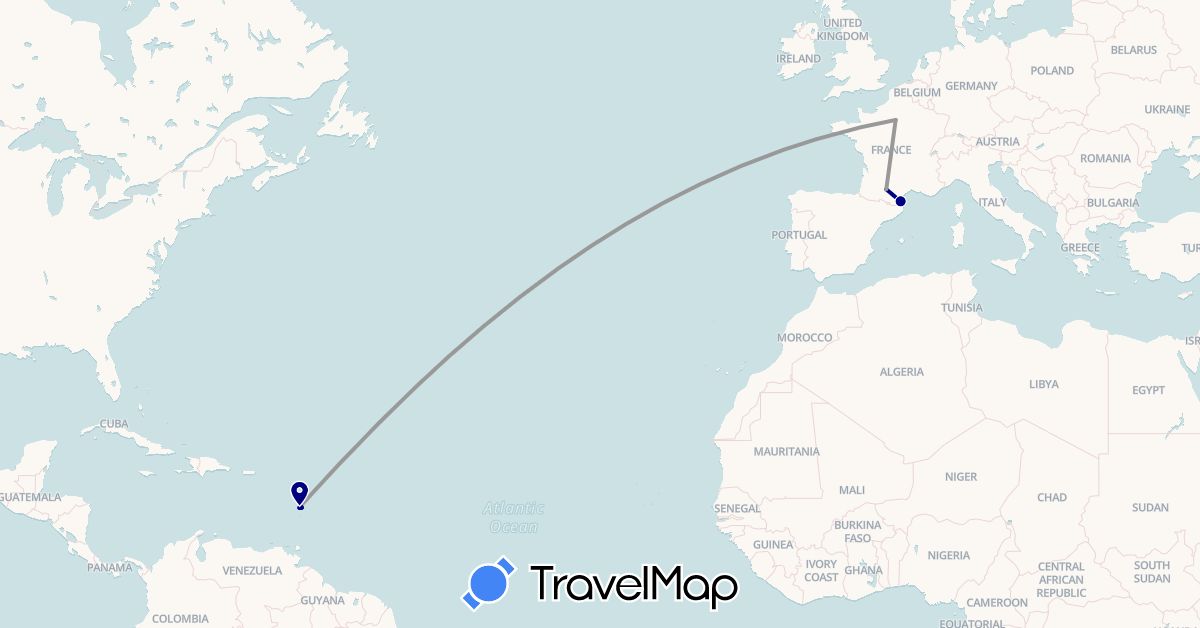TravelMap itinerary: driving, plane, boat in France, Martinique (Europe, North America)